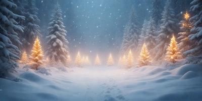 The primary subject of the image is a snowy path surrounded by trees. The setting is a winter landscape with snow covering the ground and trees. The visual style is a digital art or illustration, creating a serene and peaceful atmosphere. The dominant colors are white, gray, and blue, reflecting the cold and snowy environment.